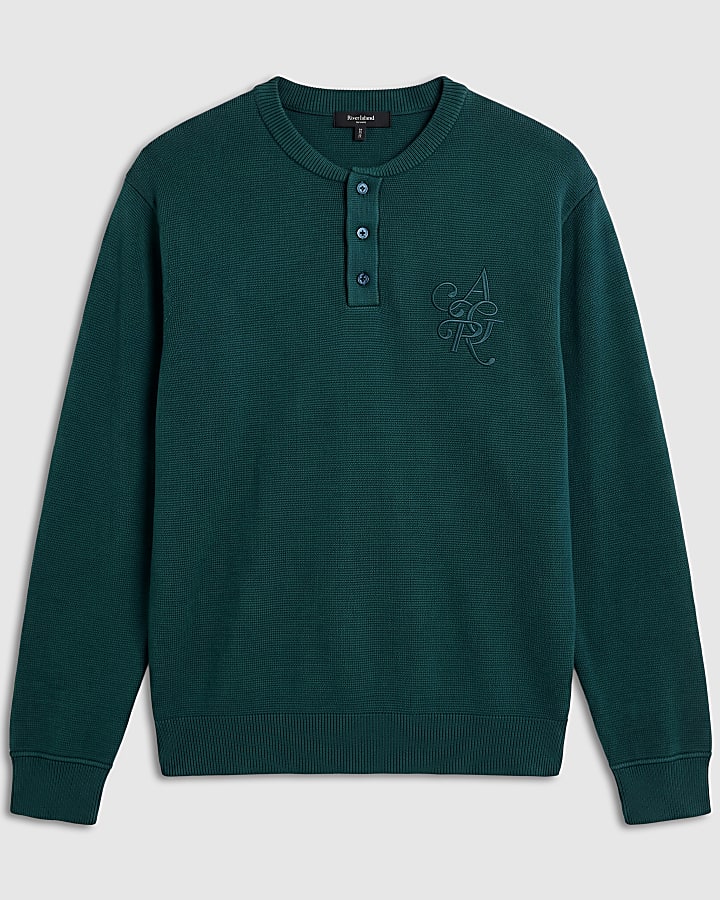 Green Regular Fit Embroidered Henley Jumper