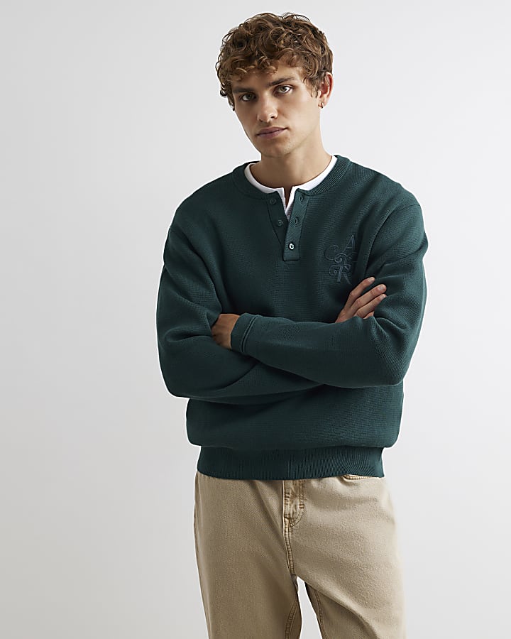 Green Regular Fit Embroidered Henley Jumper
