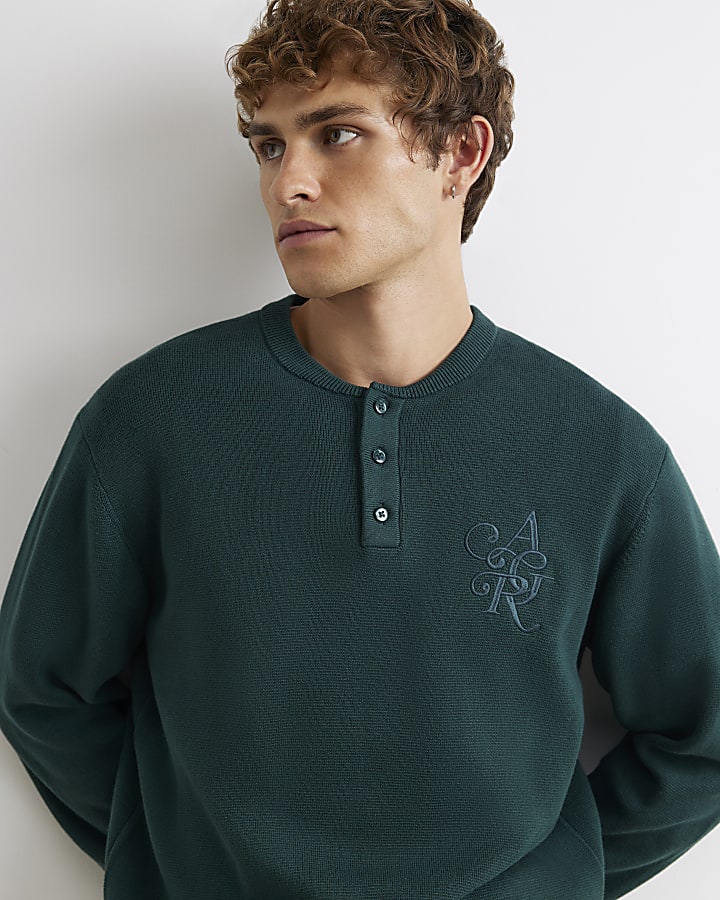 Green Regular Fit Embroidered Henley Jumper