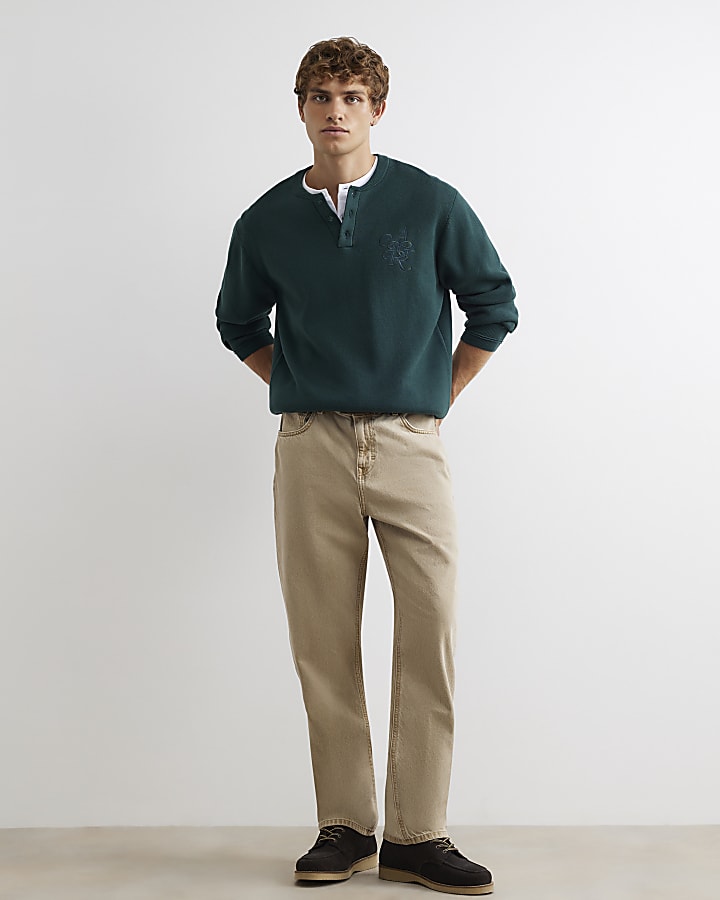 Green Regular Fit Embroidered Henley Jumper