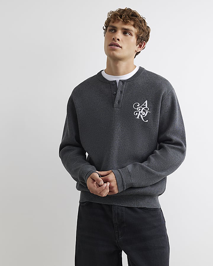 Grey Regular Fit Cotton AR Henley Jumper