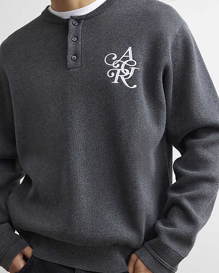 Grey Regular Fit Cotton AR Henley Jumper