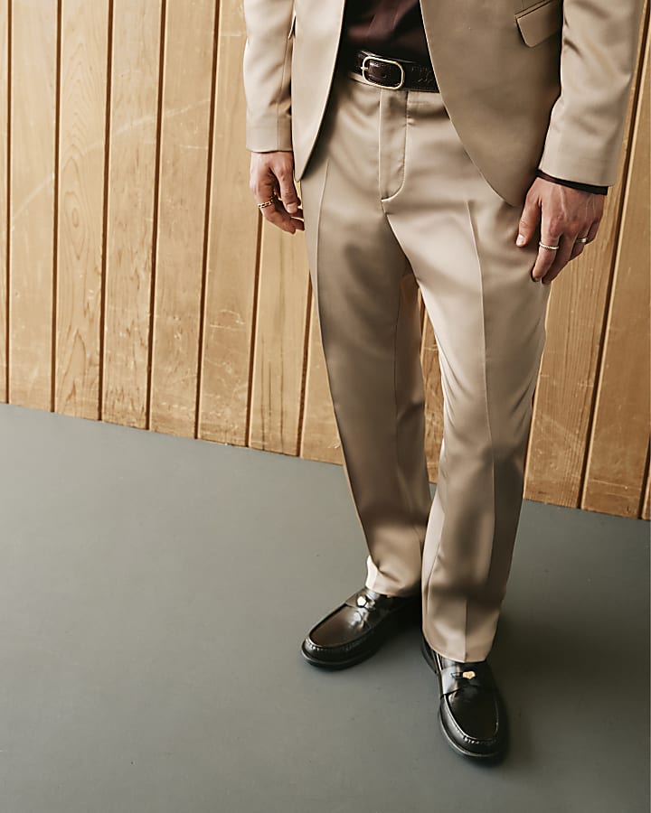 Beige Twisted Tailor Slim Fit Satin Trousers