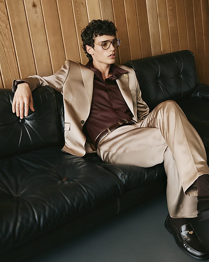 Beige Twisted Tailor Slim Fit Satin Trousers