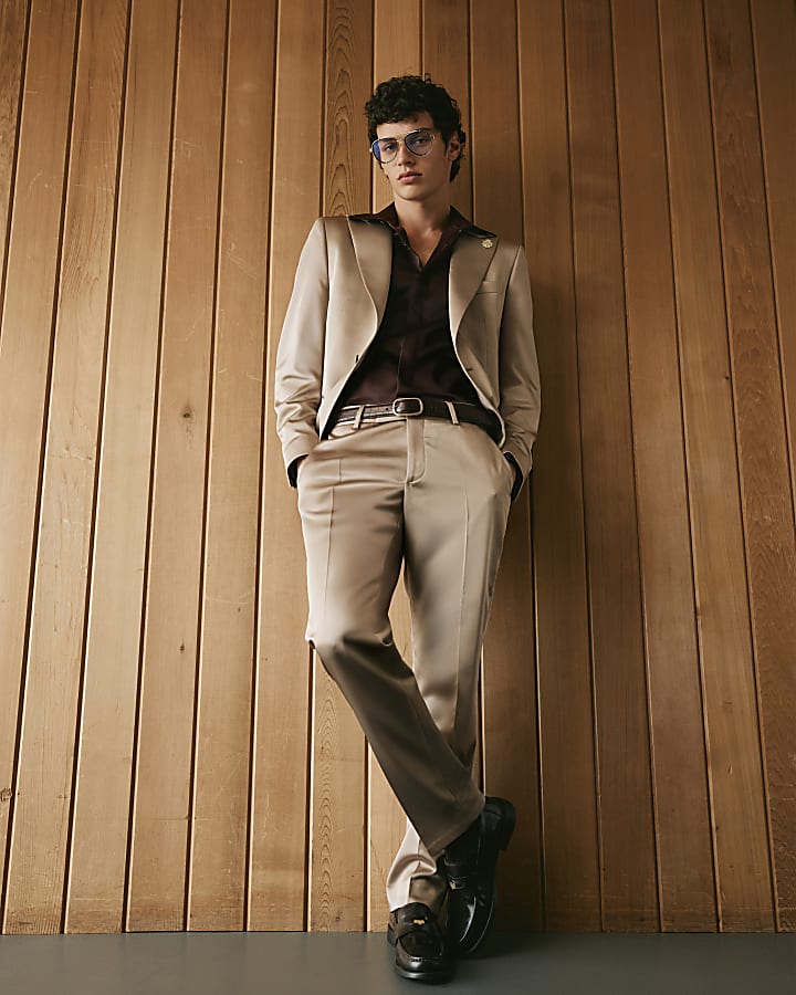 Beige Twisted Tailor Slim Fit Satin Trousers