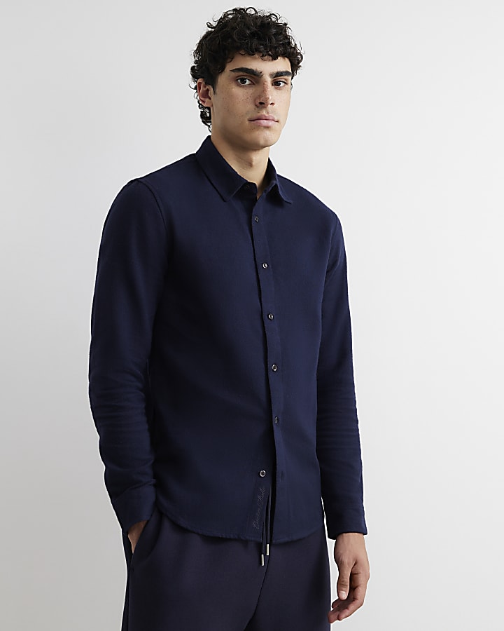 Navy Regular Fit Flannel Long Sleeve Shirt