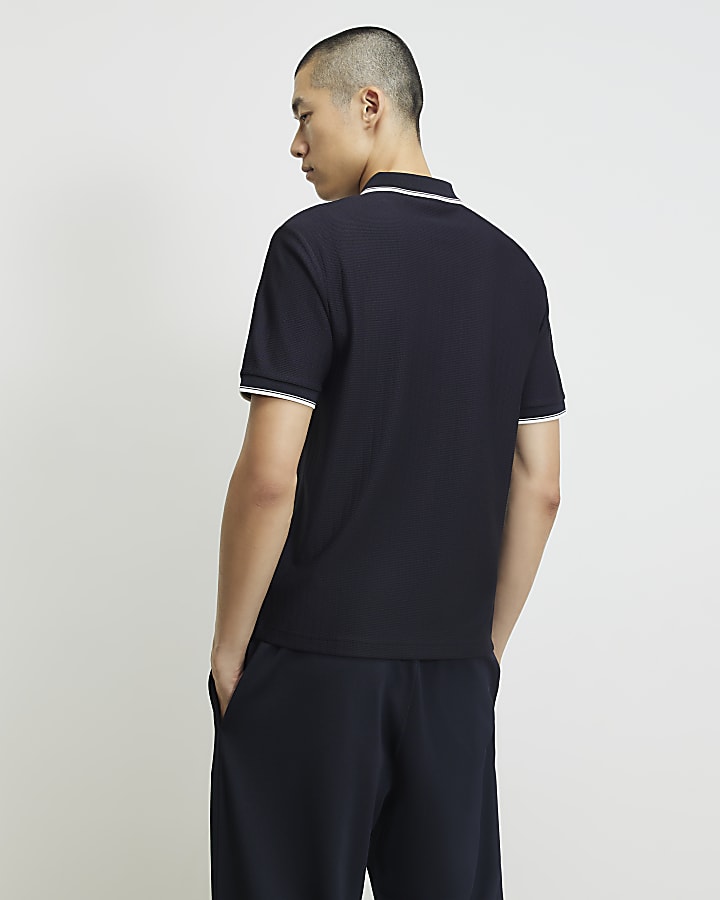 Navy Slim Fit Textured Tipped Polo Shirt