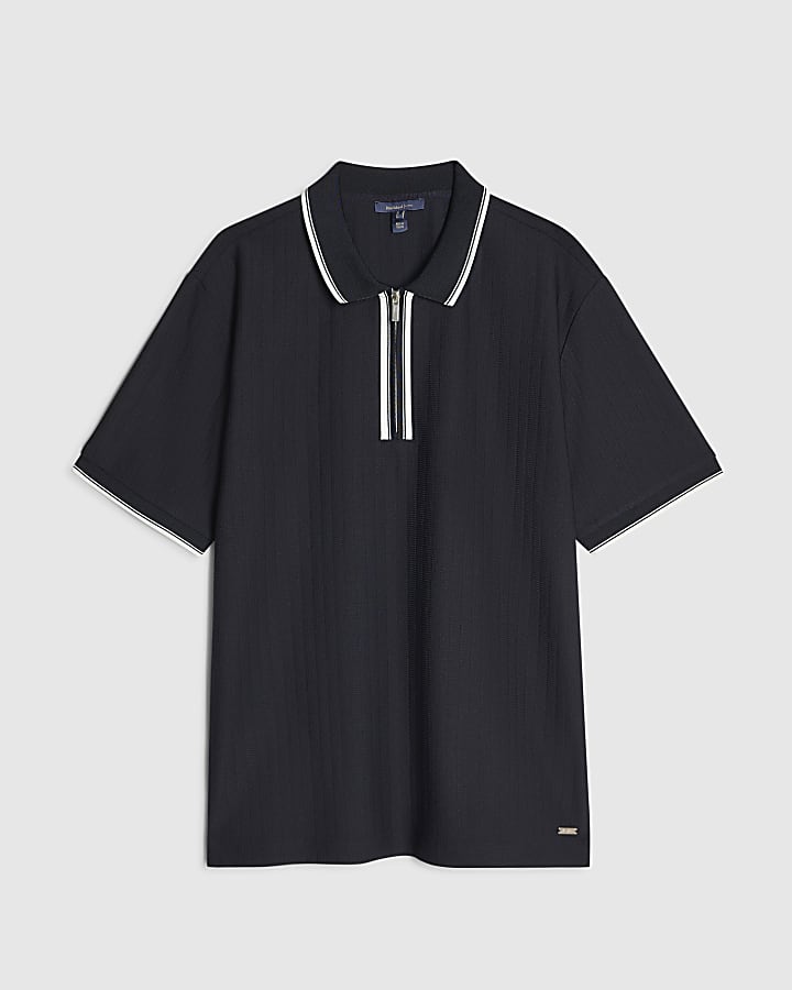 Navy Slim Fit Textured Tipped Polo Shirt