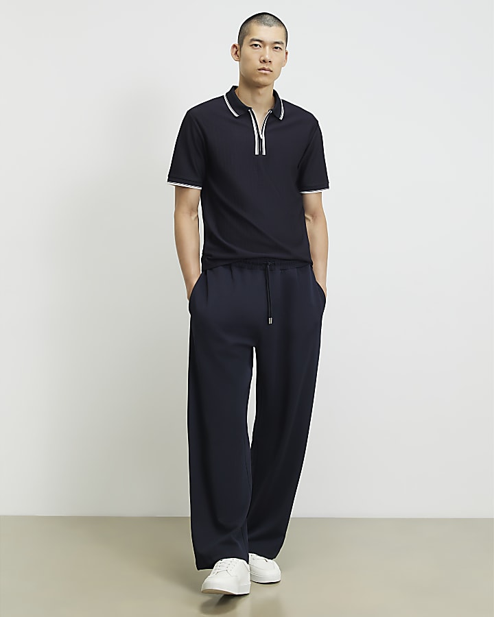 Navy Slim Fit Textured Tipped Polo Shirt