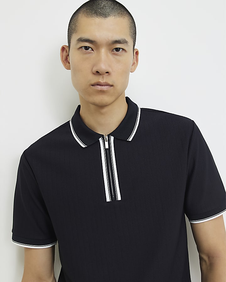 Navy Slim Fit Textured Tipped Polo Shirt