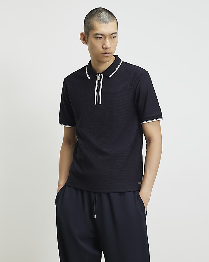 Navy Slim Fit Textured Tipped Polo Shirt