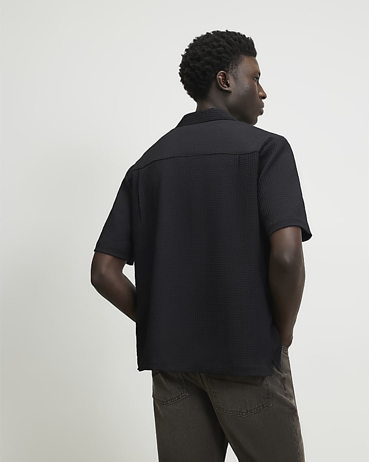 Black Regular Fit Waffle Textured Shirt