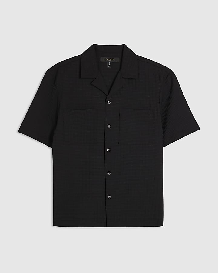 Black Regular Fit Waffle Textured Shirt