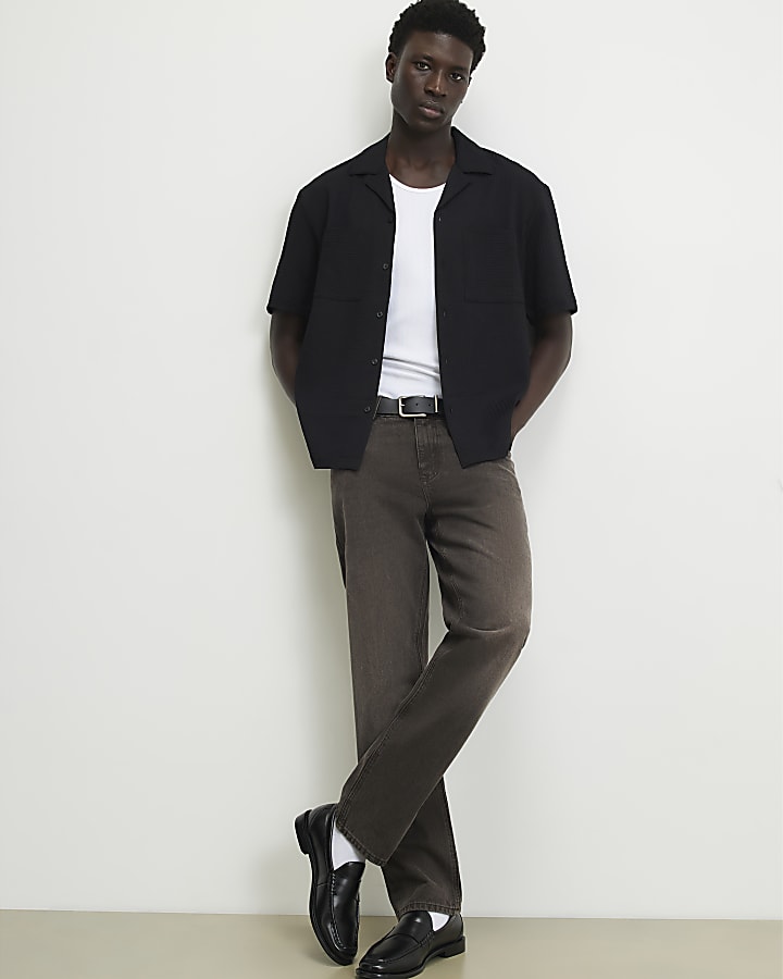 Black Regular Fit Waffle Textured Shirt