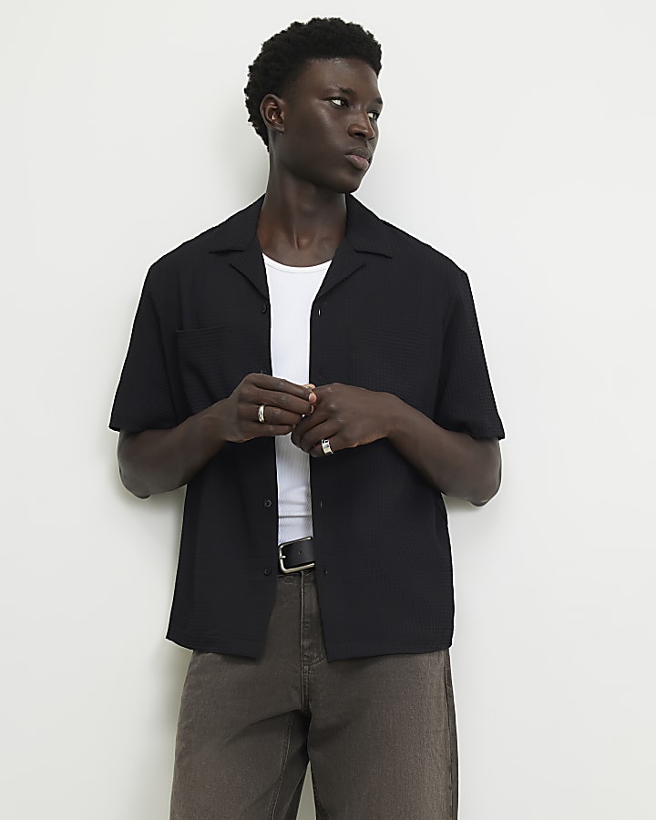 Black Regular Fit Waffle Textured Shirt