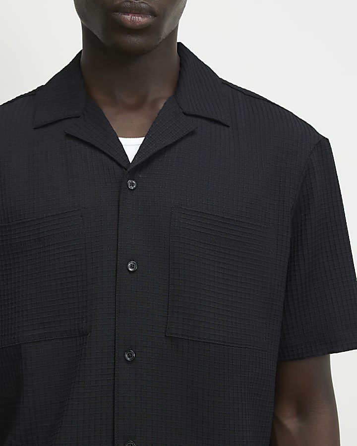 Black Regular Fit Waffle Textured Shirt