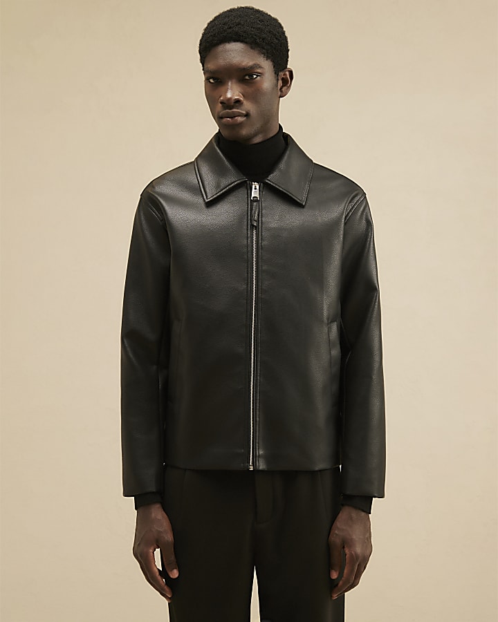 Black Faux Leather Harrington Zip Jacket