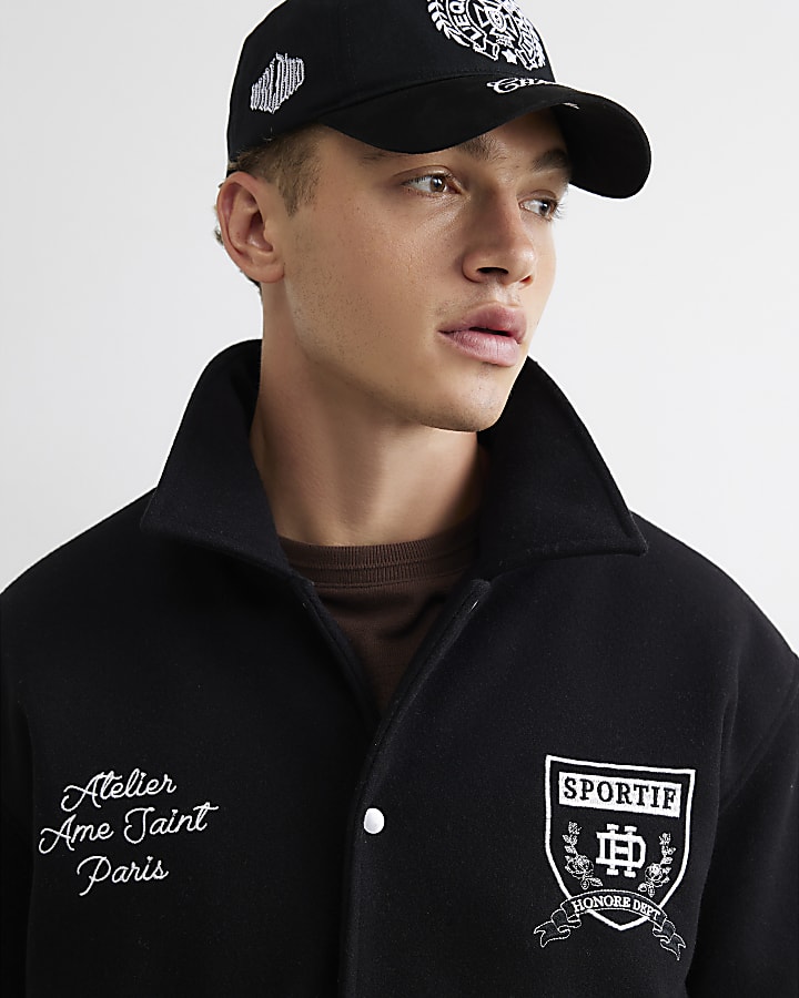Black Felted Varsity Bomber Jacket