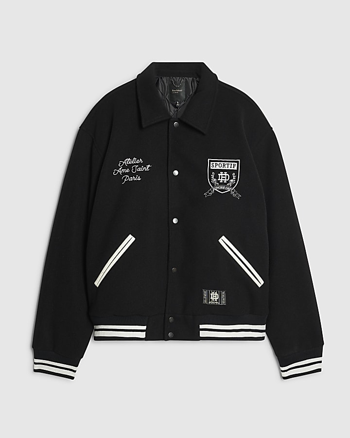 Black Felted Varsity Bomber Jacket