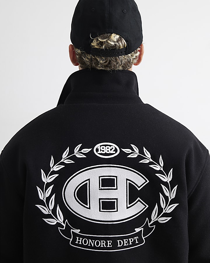 Black Felted Varsity Bomber Jacket