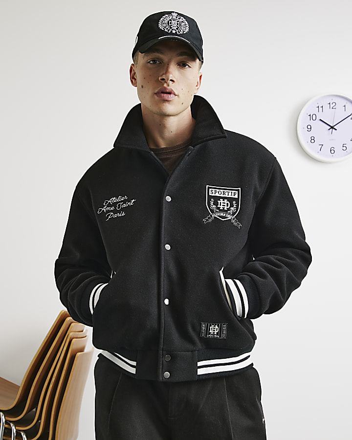 Black Felted Varsity Bomber Jacket