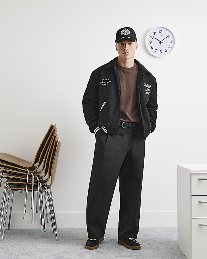 Black Felted Varsity Bomber Jacket