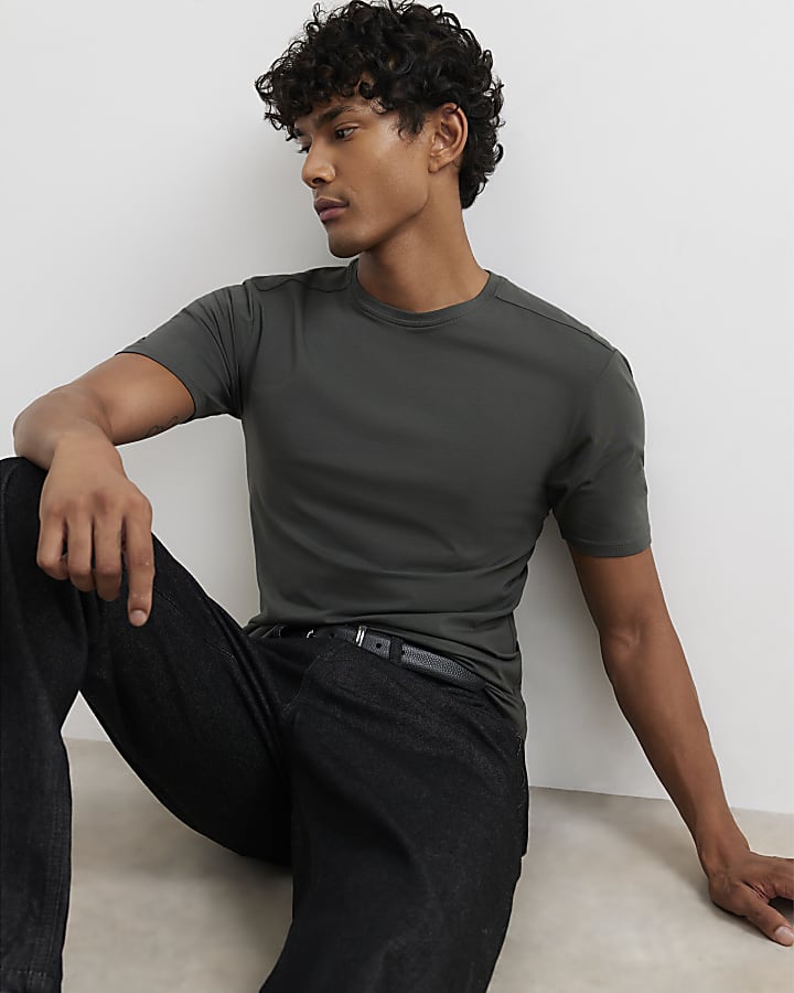 Khaki Muscle Fit Cotton Stretch T-Shirt