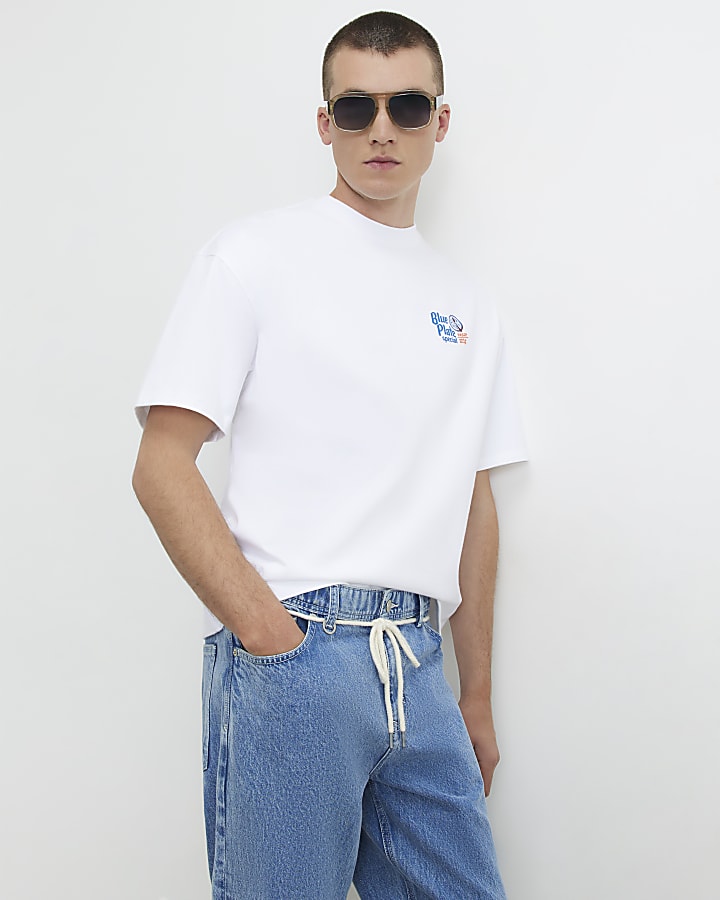 White Oversized Fit Blue Plate T-Shirt