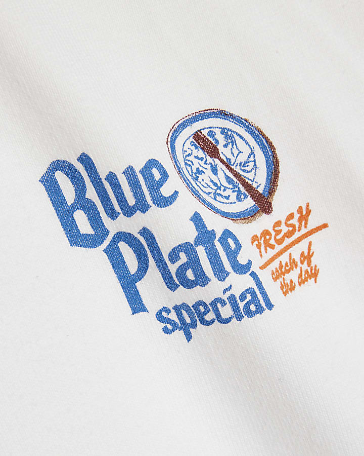 White Oversized Fit Blue Plate T-Shirt