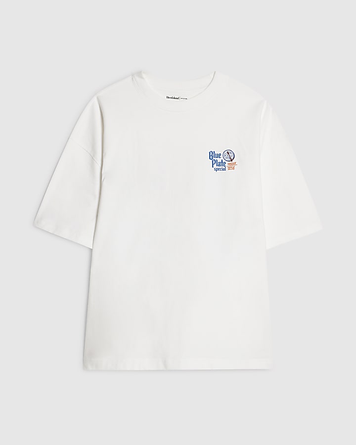 White Oversized Fit Blue Plate T-Shirt