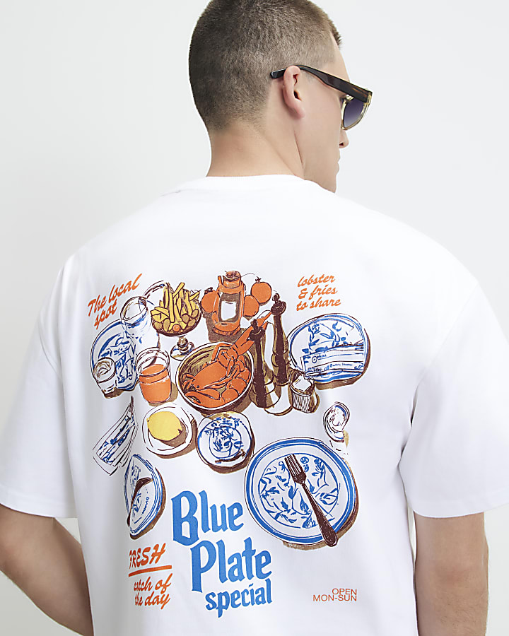 White Oversized Fit Blue Plate T-Shirt
