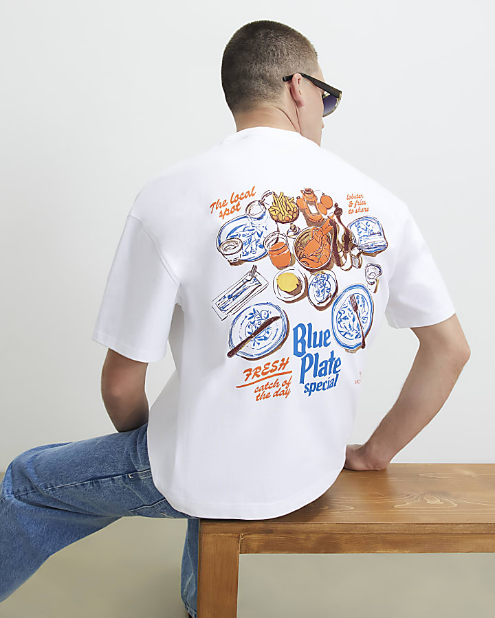 White Oversized Fit Blue Plate T-Shirt