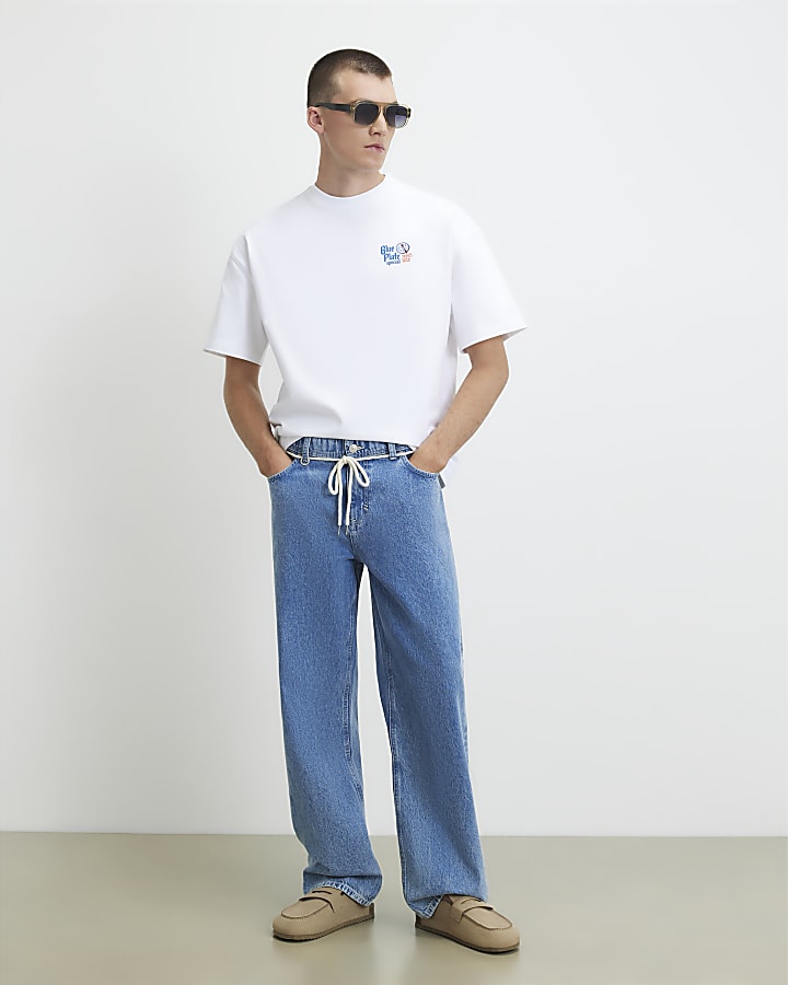 White Oversized Fit Blue Plate T-Shirt