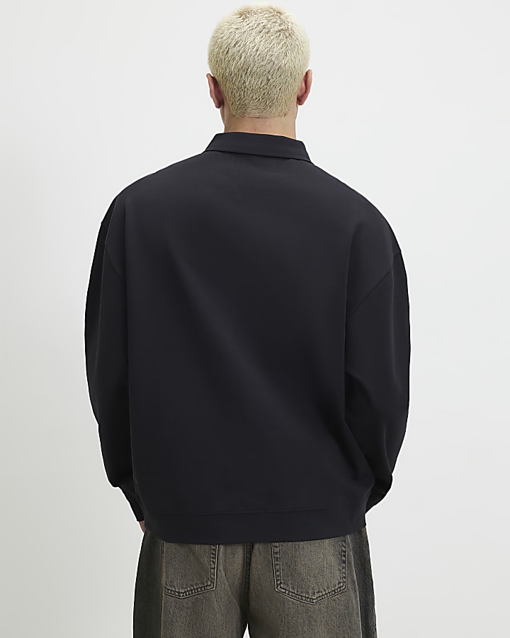 Navy Oversized Fit Quarter Button Polo Shirt
