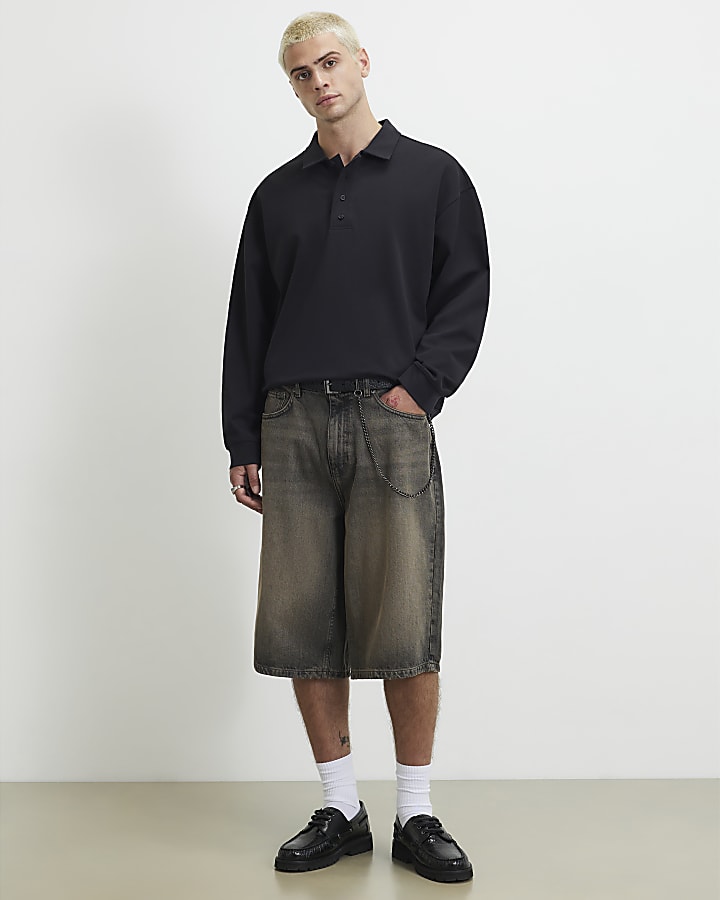 Navy Oversized Fit Quarter Button Polo Shirt