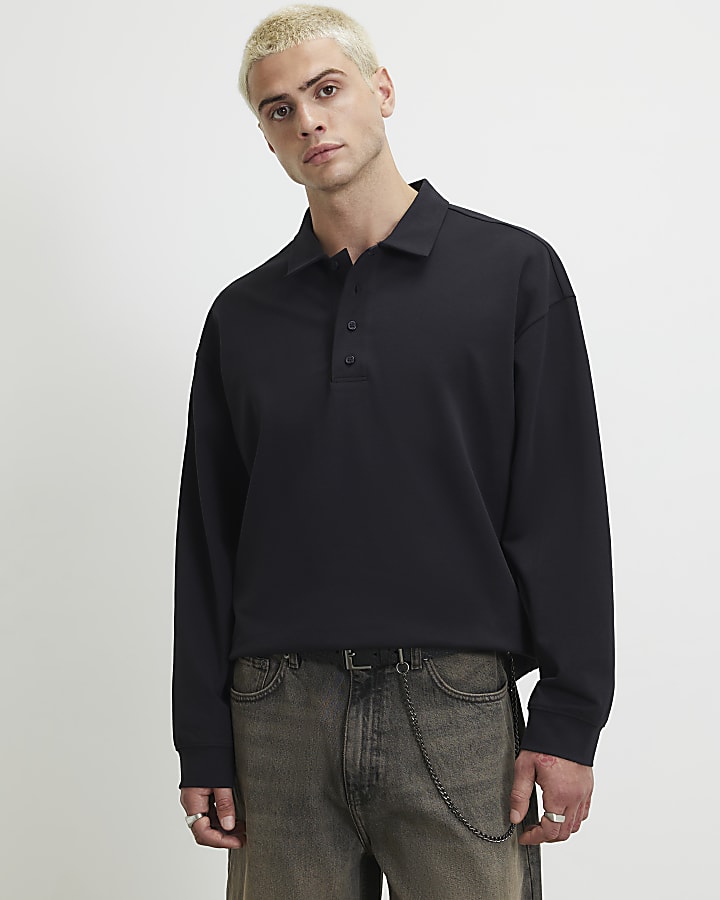 Navy Oversized Fit Quarter Button Polo Shirt