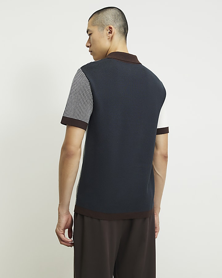 Navy Slim Fit Spliced Knit Polo Shirt