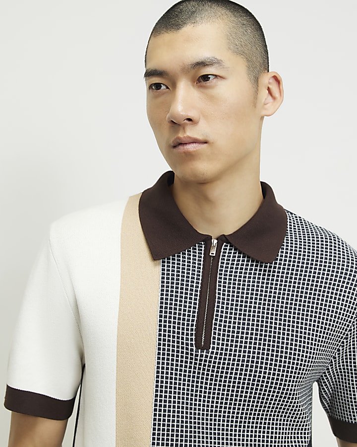 Navy Slim Fit Spliced Knit Polo Shirt