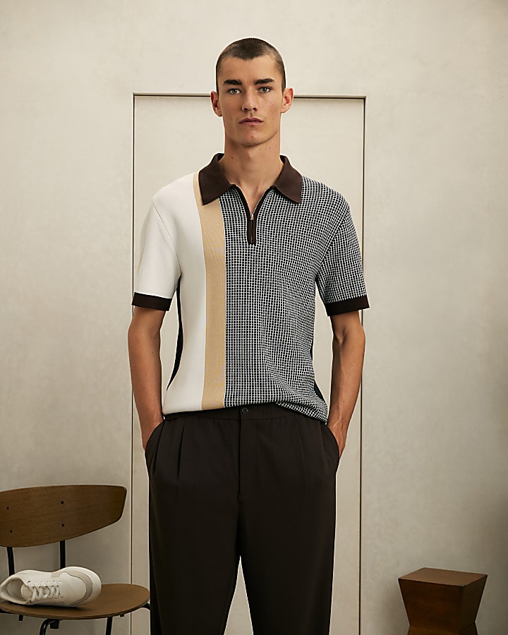Navy Slim Fit Spliced Knit Polo Shirt