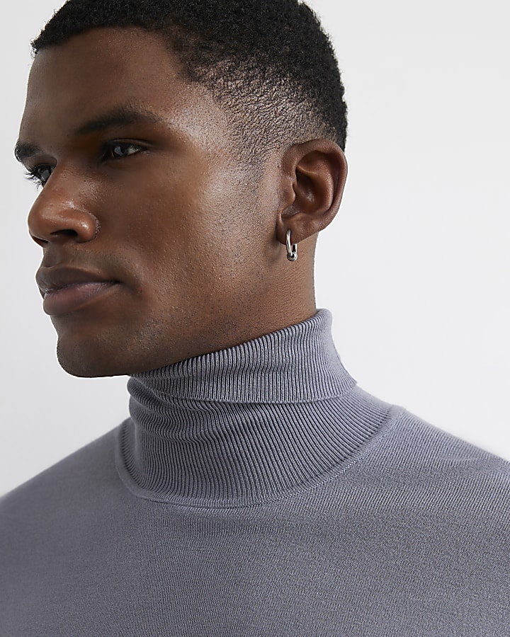 Grey Slim Fit Roll Neck Jumper