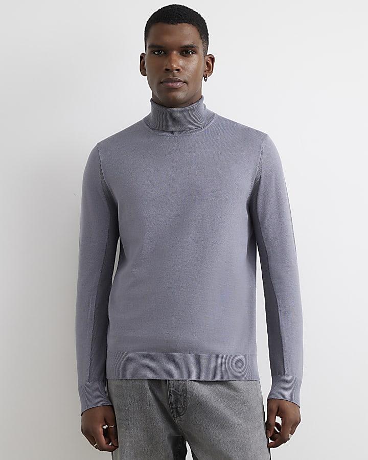 Grey Slim Fit Roll Neck Jumper