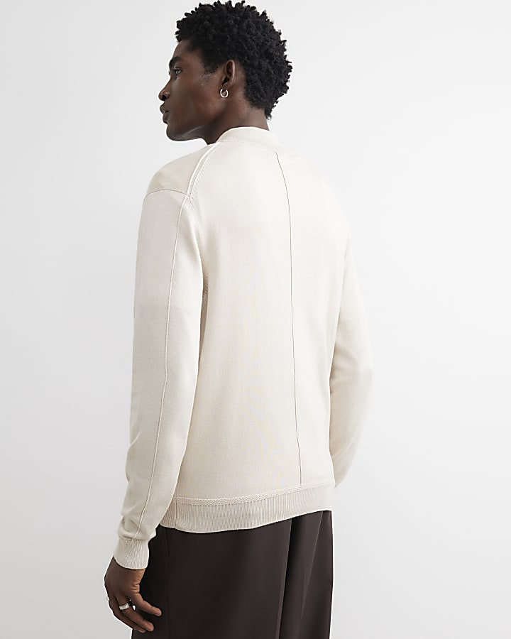 Cream Slim Fit Cotton Half Zip Jumper