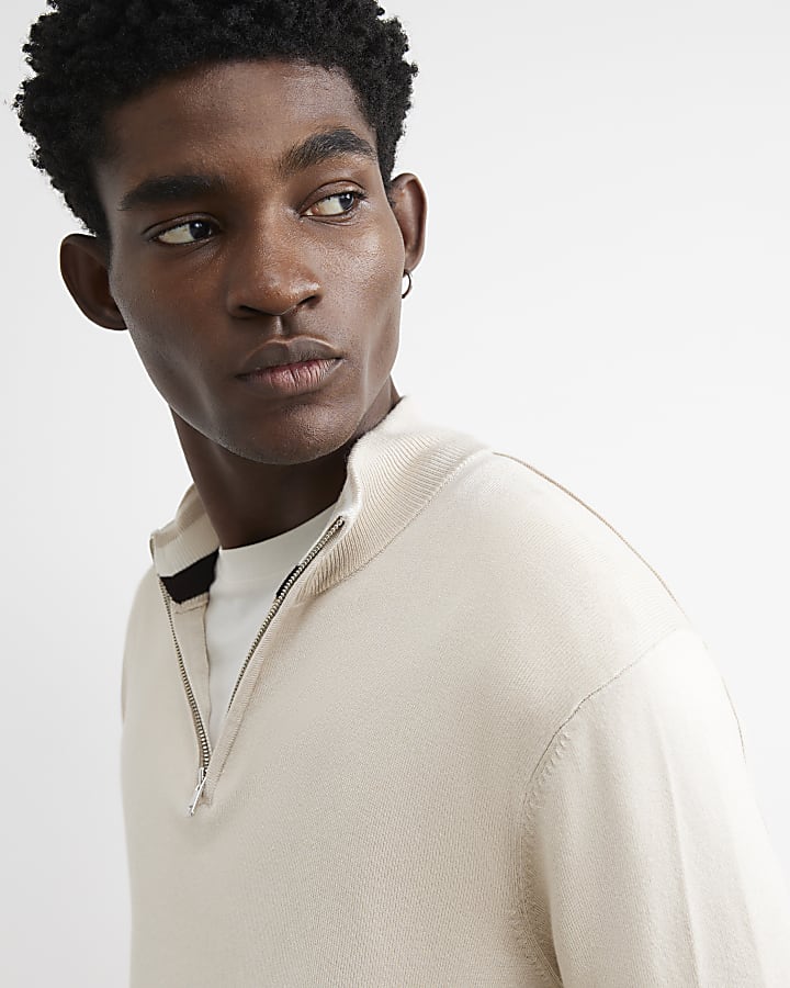 Cream Slim Fit Cotton Half Zip Jumper