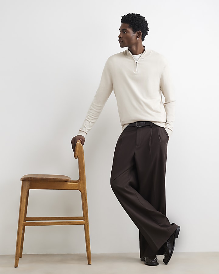 Cream Slim Fit Cotton Half Zip Jumper