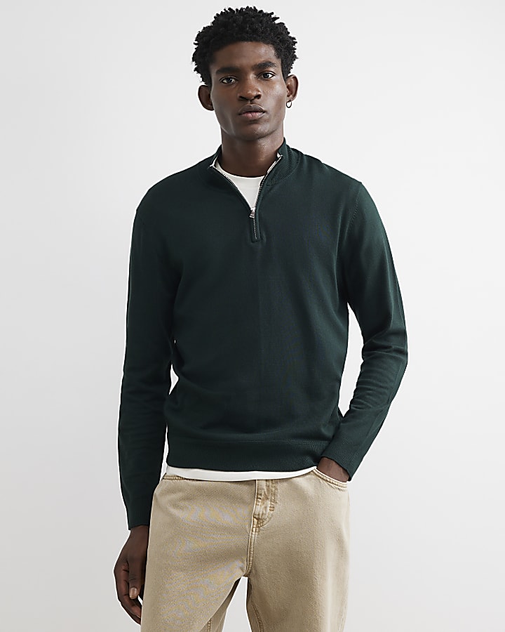 Green Slim Fit Half Zip Jumper