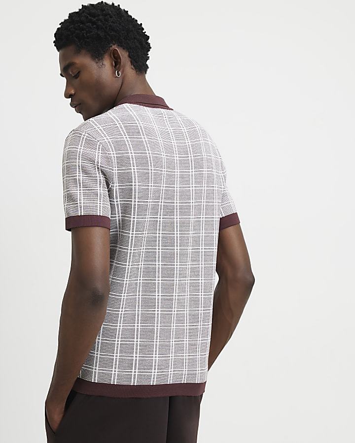 Brown Slim Fit Check Knitted Polo Shirt