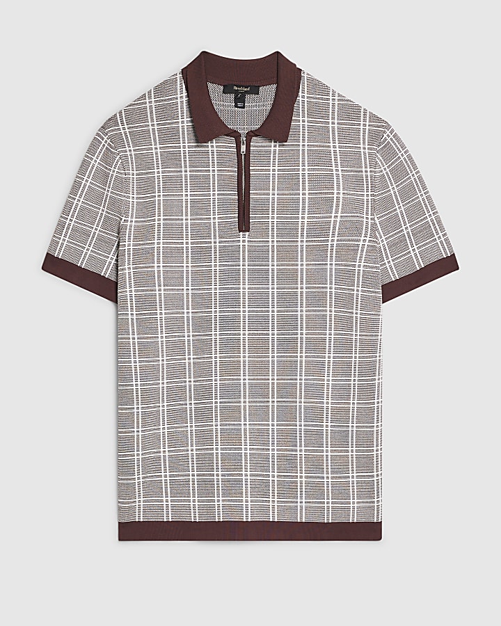 Brown Slim Fit Check Knitted Polo Shirt