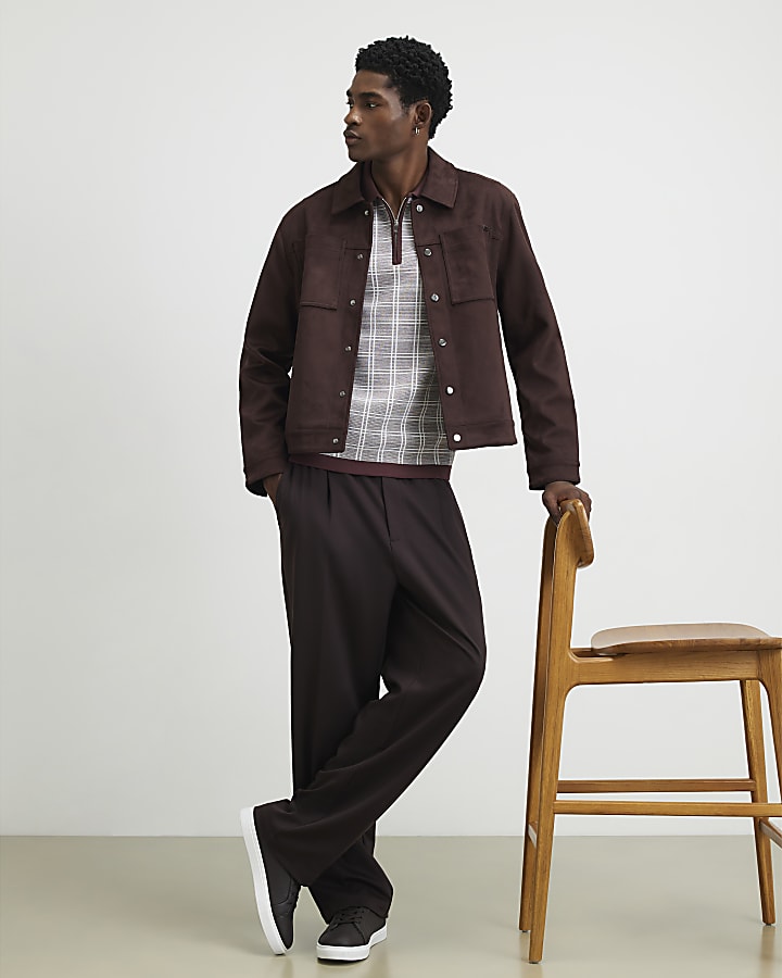 Brown Slim Fit Check Knitted Polo Shirt