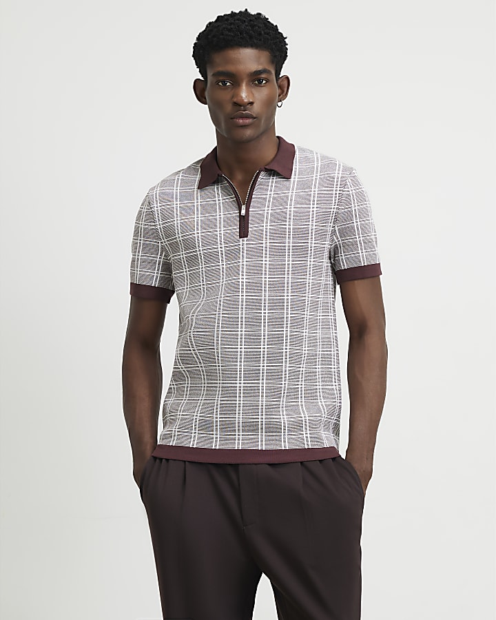 Brown Slim Fit Check Knitted Polo Shirt