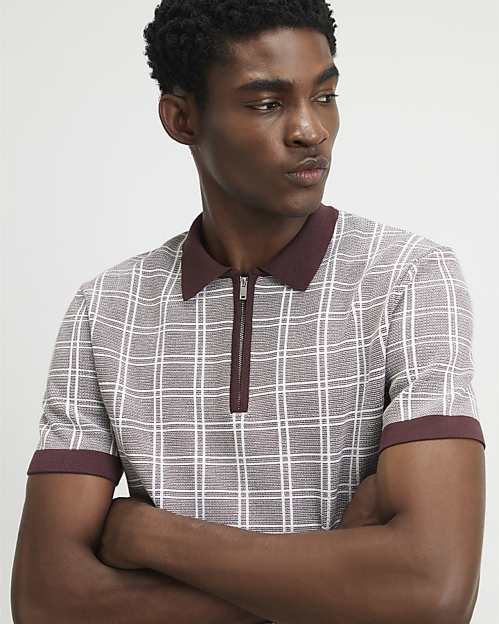 Brown Slim Fit Check Knitted Polo Shirt
